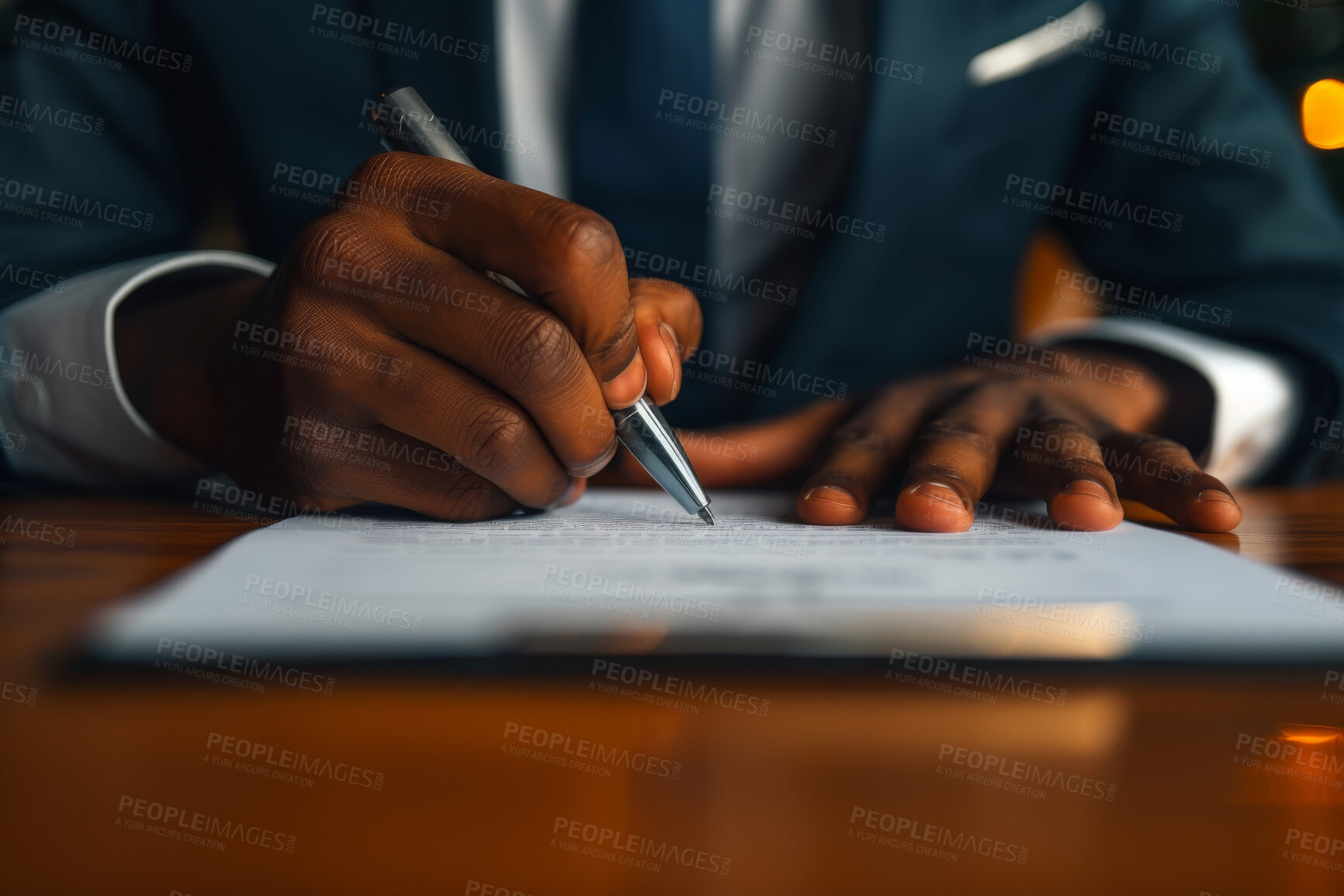 Buy stock photo Hands, contract and businessman writing with pen for loan, mortgage or debt consolidation. Professional, paperwork and African male financial advisor with signature for company tax return document.