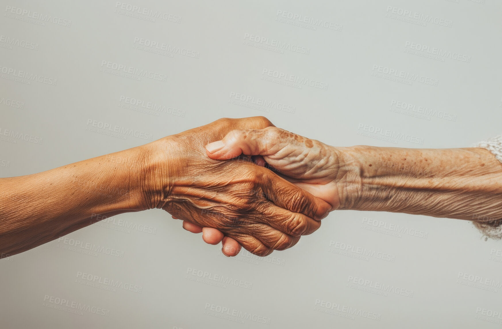 Buy stock photo Senior people, agreement and handshake for success in studio on white background for deal, teamwork and collaboration. Hands, partnership and achievement congratulations, trust and welcome and greet