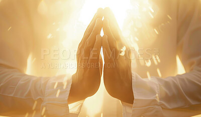 Man, hands and praying for worship, God and faith with hope or light. Christian person, meditation and spiritual peace for religion, gratitude and lens flare with connection to holy Jesus Christ