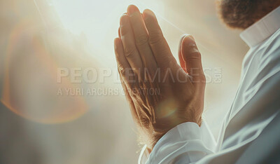 Islam man, hands and prayer for worship, Allah and faith with hope or light. Muslim person, meditation and spiritual peace for religion, gratitude and lens flare with connection to god during ramadan