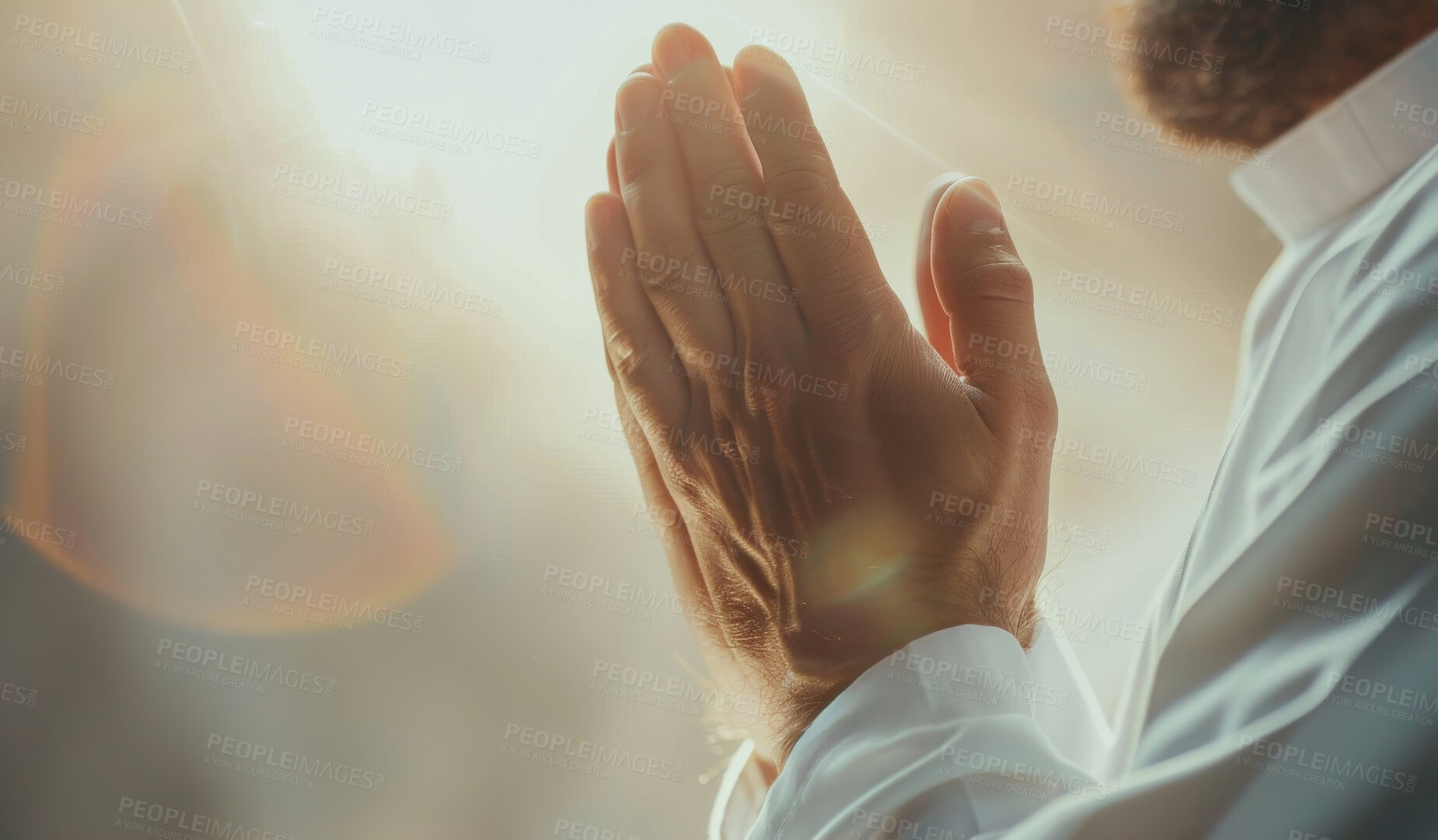 Buy stock photo Islam man, hands and prayer for worship, Allah and faith with hope or light. Muslim person, meditation and spiritual peace for religion, gratitude and lens flare with connection to god during ramadan