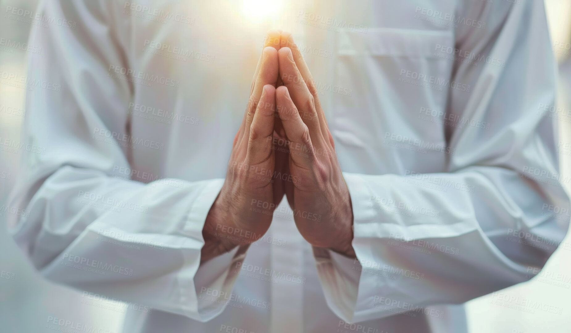 Buy stock photo Worship, hands and prayer for peace, religion and holy message for Christianity with lens flare. Spiritual, praise and gospel for hope, grateful and devotion or divine salvation for glory and faith