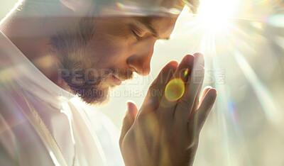 Man, hands and praying for worship, Jesus Christ and faith with hope or light. Christian person, meditation and spiritual peace for religion, gratitude and lens flare with connection to holy God