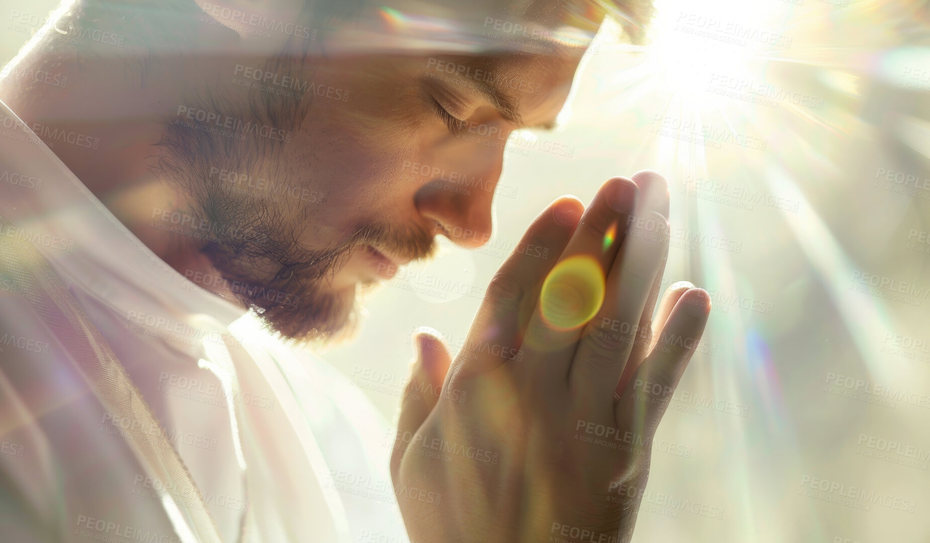 Buy stock photo Man, hands and praying for worship, Jesus Christ and faith with hope or light. Christian person, meditation and spiritual peace for religion, gratitude and lens flare with connection to holy God