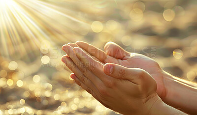 Hands, pray and person with spiritual, flare and faith for grace, light and forgiveness with sunshine. Praise, Christian and outdoor with nature and believe with worship and compassion with gratitude