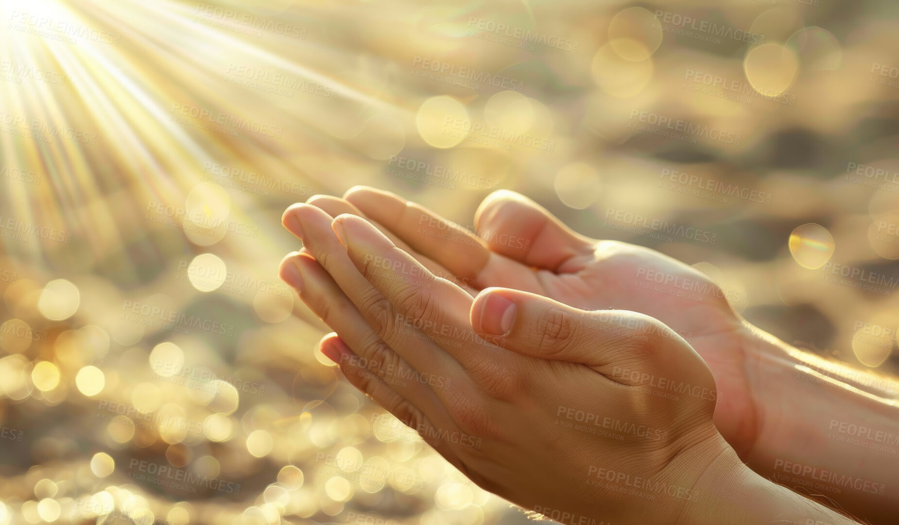 Buy stock photo Hands, pray and person with spiritual, flare and faith for grace, light and forgiveness with sunshine. Praise, Christian and outdoor with nature and believe with worship and compassion with gratitude