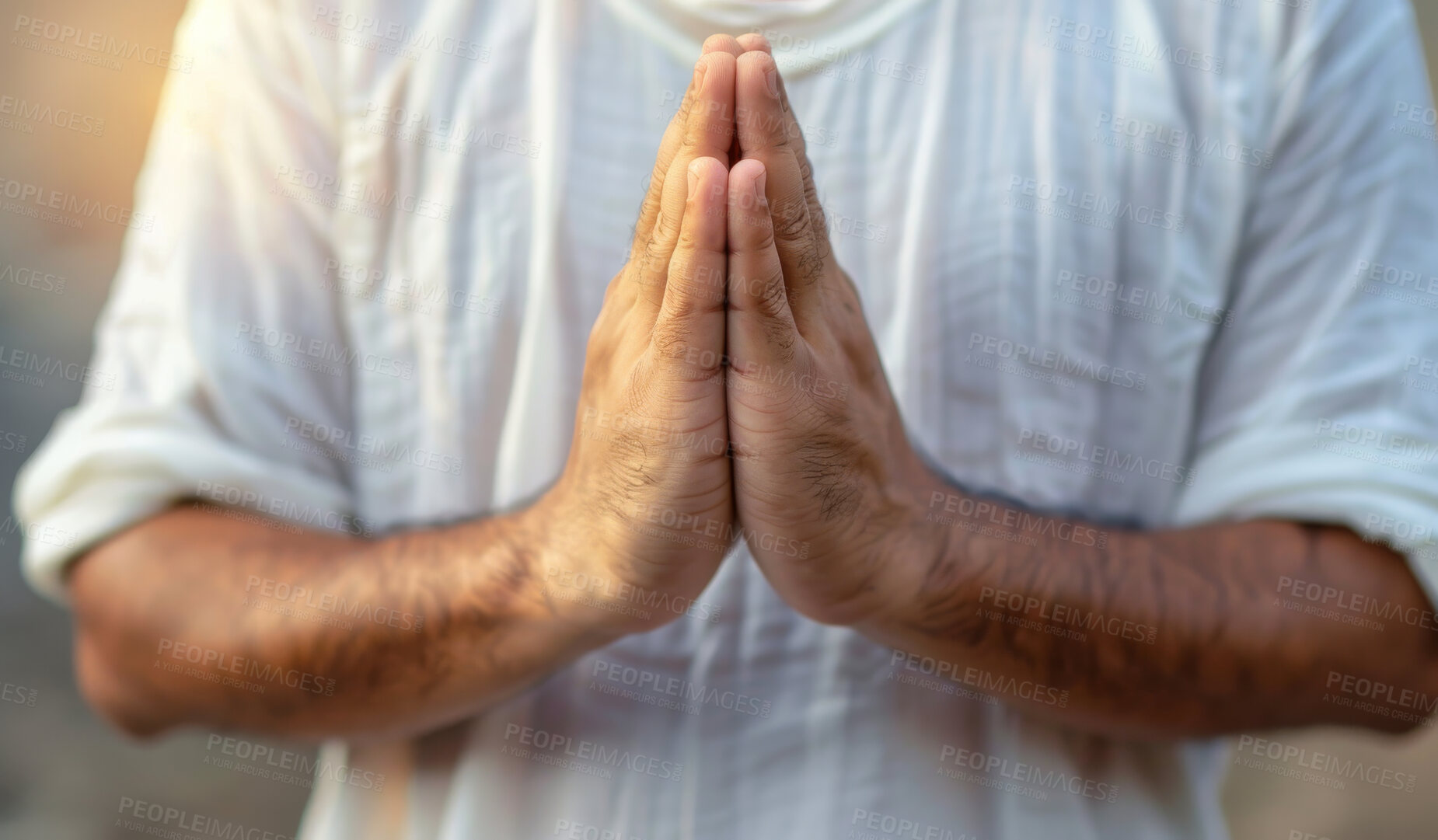 Buy stock photo Worship, hands and prayer for thank you, faith and religion for Christianity with lens flare. Spiritual, praise and gospel for hope, healing and devotion or divine salvation for glory and peace