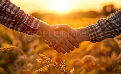 Handshake, people and deal in countryside with partnership in closeup with shaking hands for business meeting. Agreement, field and trust with lens flare with agriculture industry with collaboration