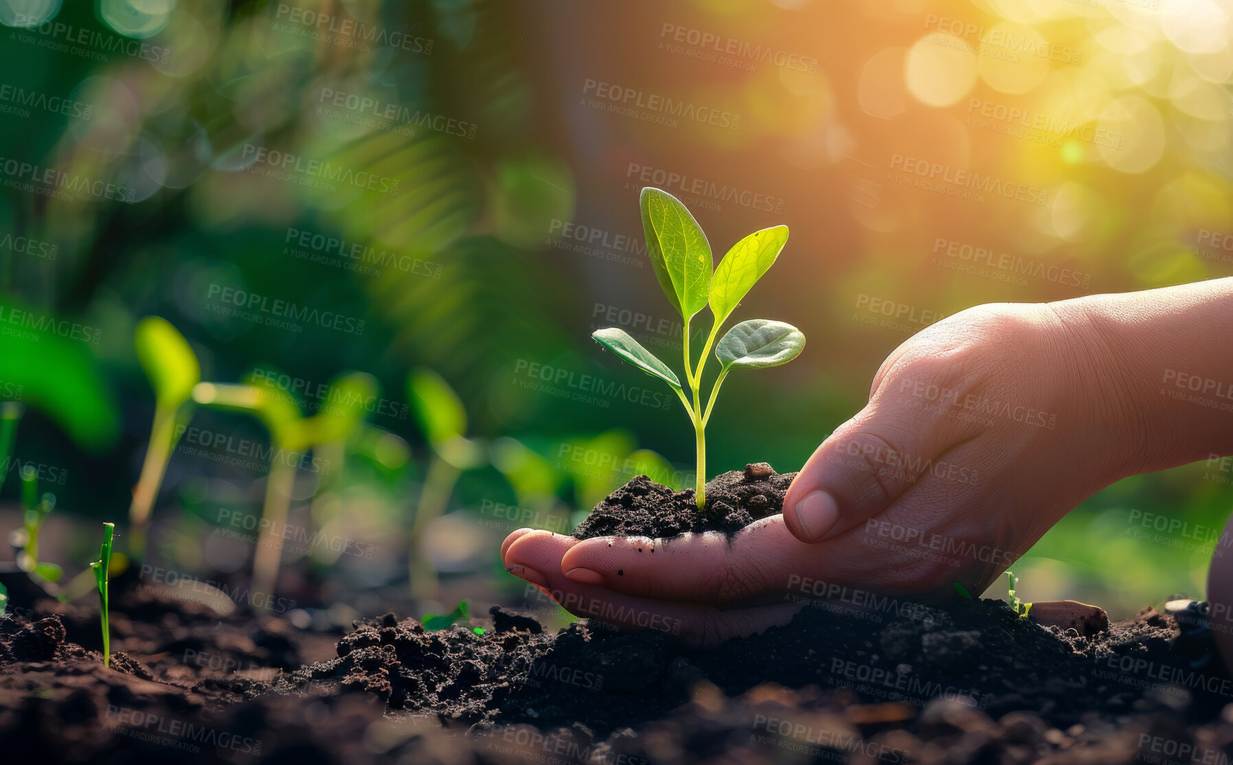 Buy stock photo Plant, soil and hands for gardening and farming with hope in future growth, investment and sustainable living on earth day. Person, farmer with sprout, fertilizer or nature in palm for agriculture