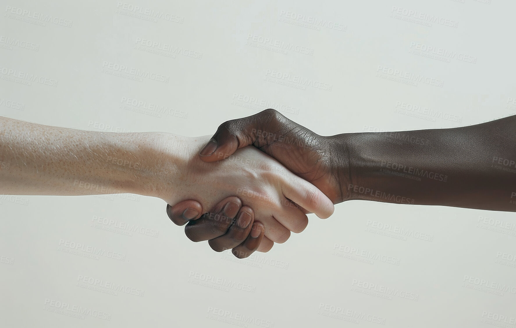 Buy stock photo People, deal and handshake for success in studio on white background for agreement, teamwork and collaboration. Hands, partnership and achievement congratulations, trust and welcome for opportunity