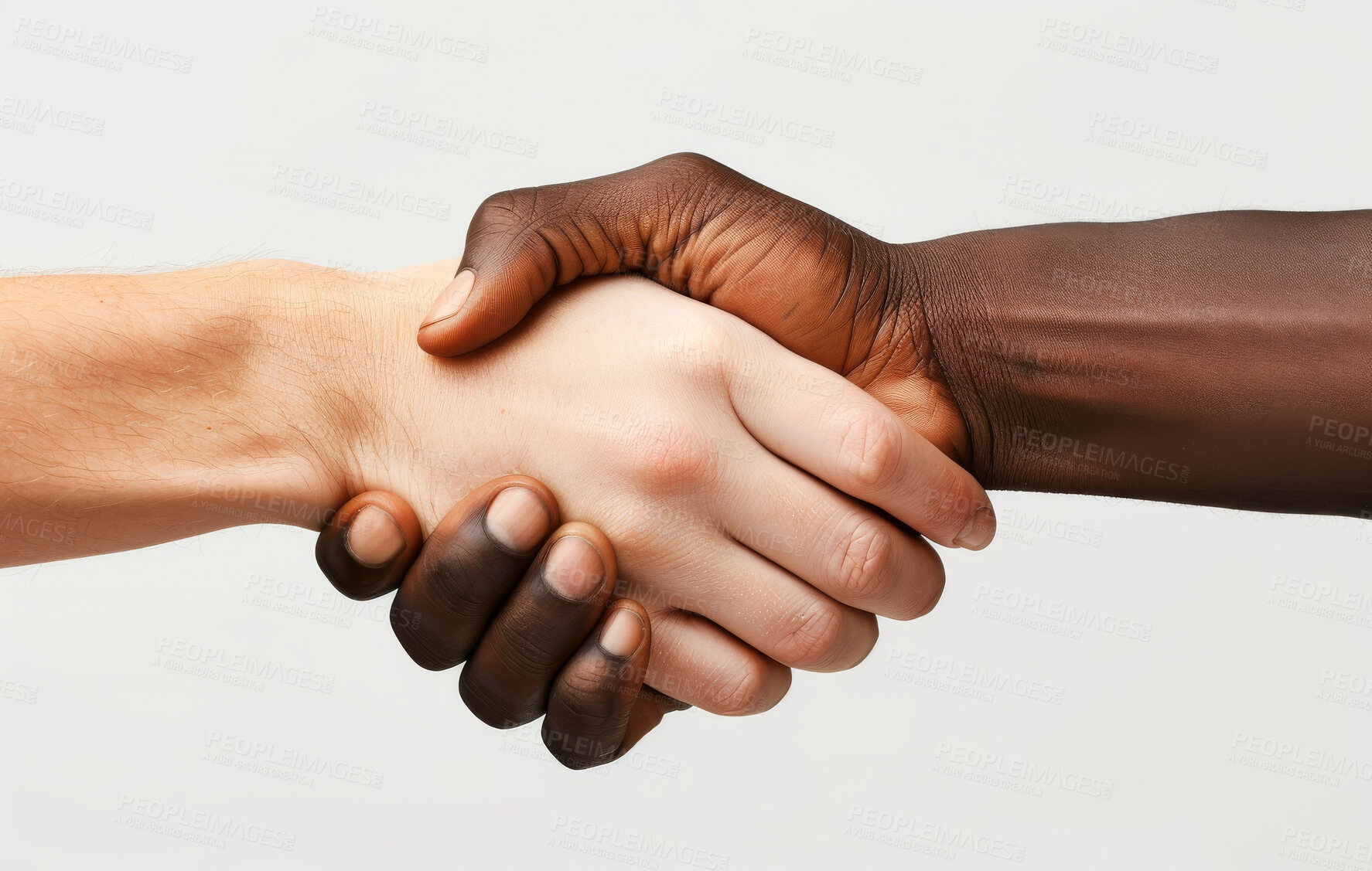 Buy stock photo People, agreement and handshake for success in studio on white background for deal, teamwork and collaboration. Hands, partnership and achievement congratulations, trust and welcome for opportunity