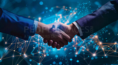 Handshake, business and technology background for software integration, collaboration and partnership deal. People shaking hands for futuristic data sharing, network or connection in cyber meeting