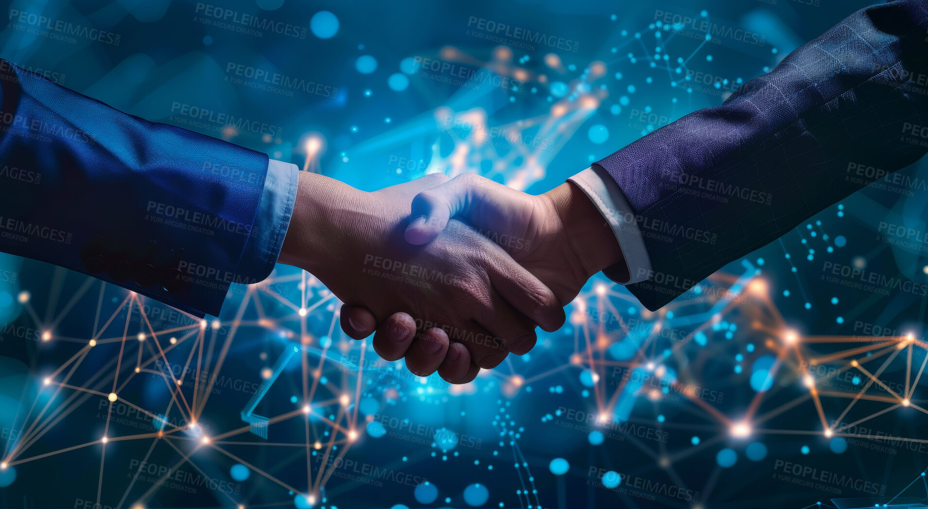 Buy stock photo Handshake, business and technology background for software integration, collaboration and partnership deal. People shaking hands for futuristic data sharing, network or connection in cyber meeting