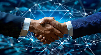 Business, agreement and handshake in closeup with futuristic background, welcome or thank you for meeting. Partnership, deal or contact with b2b opportunity for or teamwork, collaboration on contract