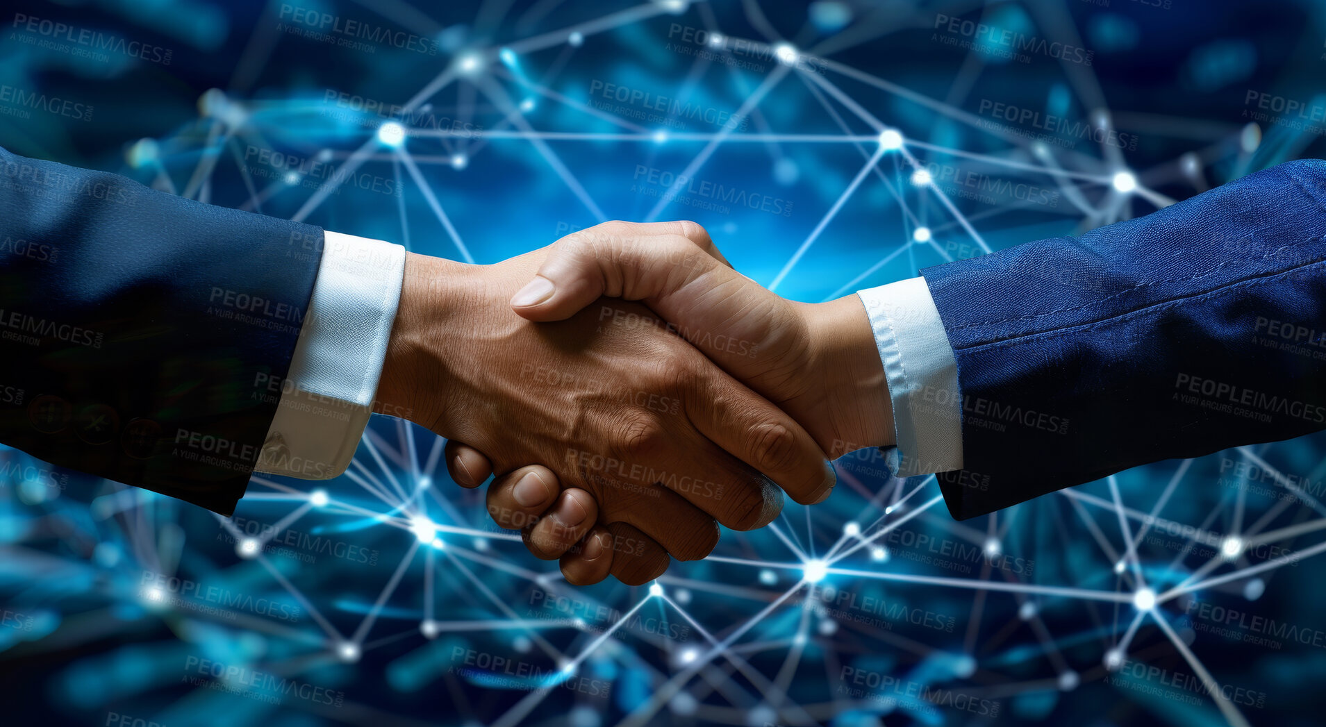 Buy stock photo Business, agreement and handshake in closeup with futuristic background, welcome or thank you for meeting. Partnership, deal or contact with b2b opportunity for or teamwork, collaboration on contract