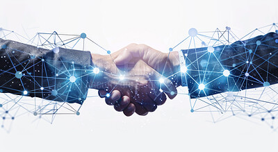 Business people, technology and shaking hands in studio for integration and partnership deal with hologram. Futuristic clients with handshake in network or digital transformation on white background
