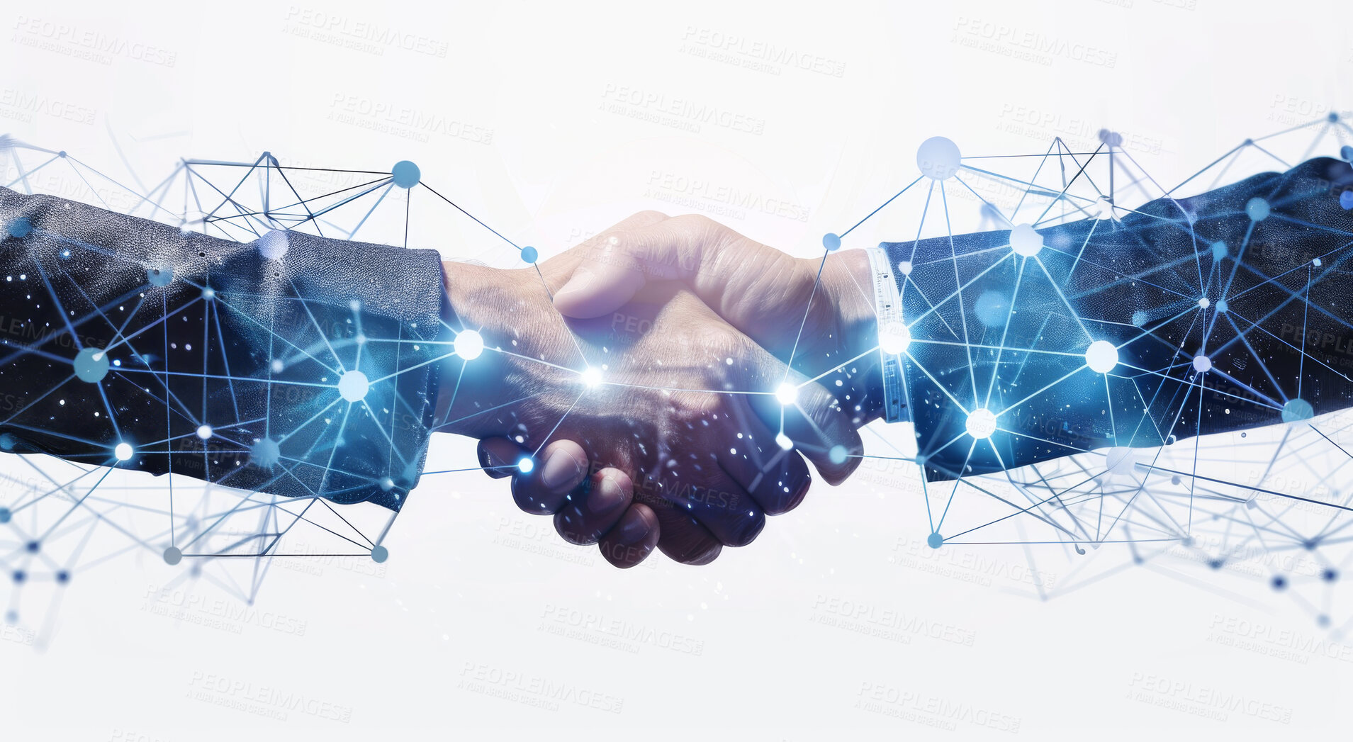 Buy stock photo Business people, technology and shaking hands in studio for integration and partnership deal with hologram. Futuristic clients with handshake in network or digital transformation on white background