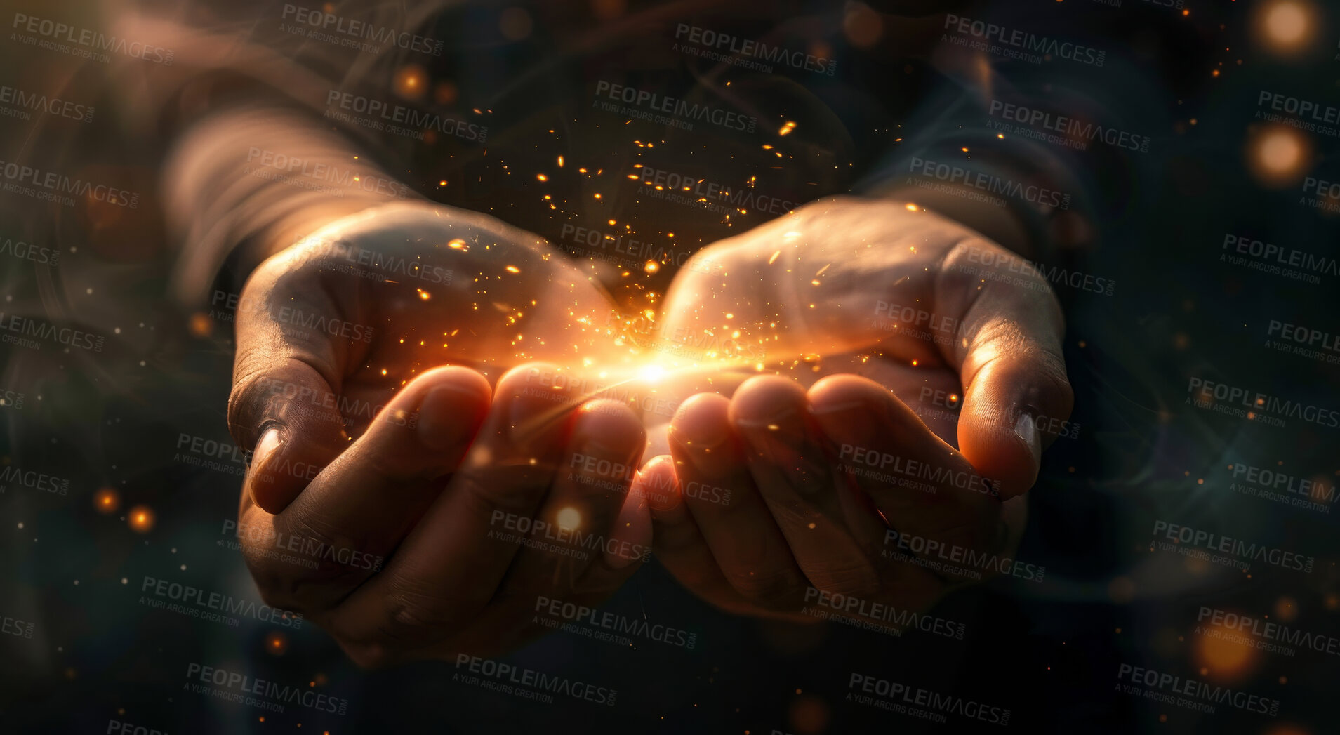 Buy stock photo Hands, stars and holographic overlay of support for hope, prayer and care with cosmos for universe. Futuristic, hologram and palm with 3d glow of galaxy, light and spiritual energy or community