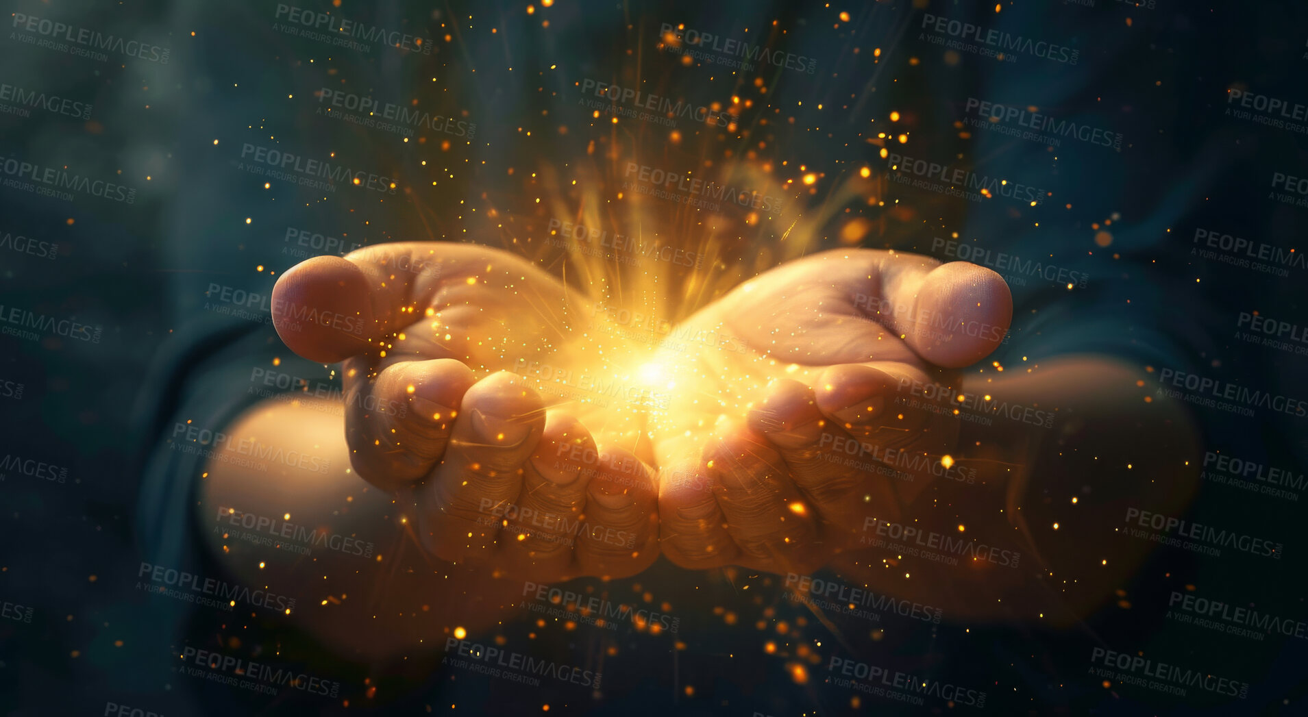 Buy stock photo Hands, light and holographic with person of hope for support, prayer and care with cosmos for universe. Futuristic, hologram and palm with 3d glow of galaxy, stars and spiritual energy or community