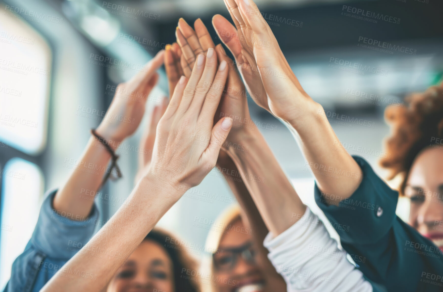 Buy stock photo Business, women and hands in air together for support or teamwork, celebration and target achievement. Female employees, high five and office for corporate career with success, motivation and trust.