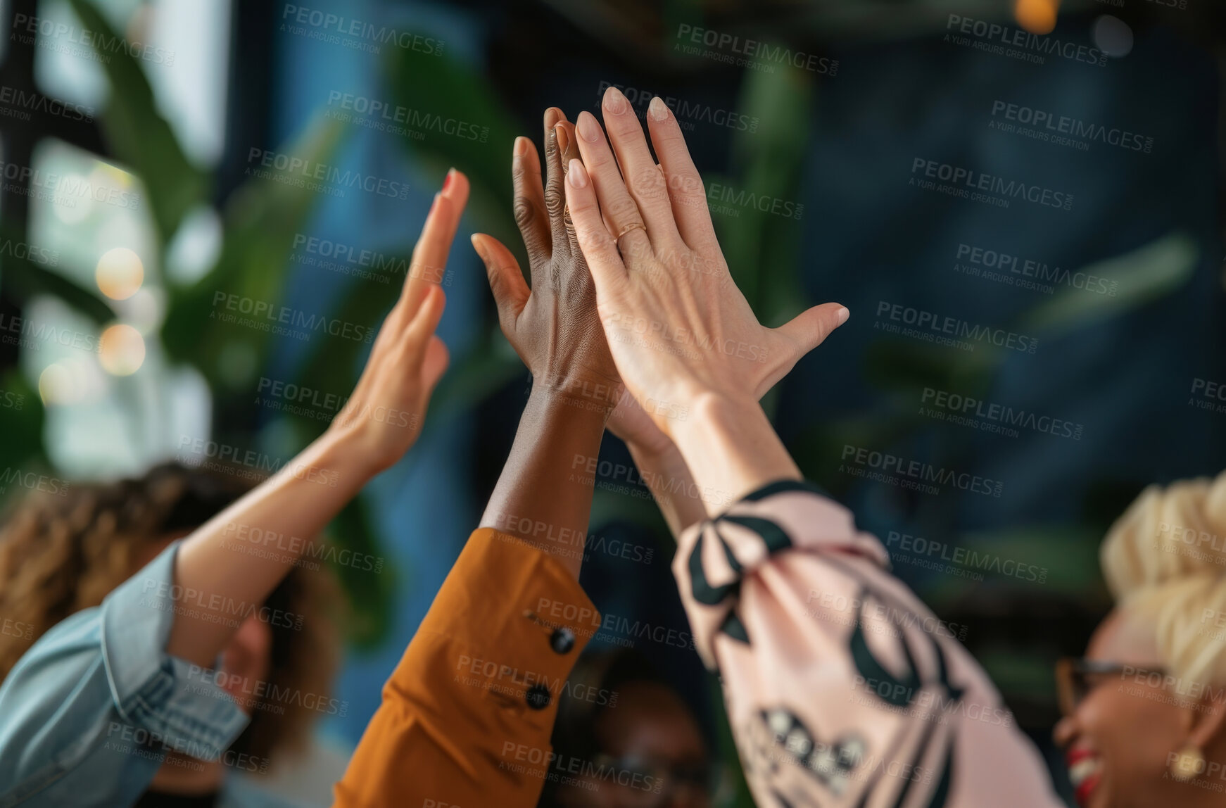 Buy stock photo Sky, hands and people together for support or prayer group, solidarity and community bonding with religion. Church, team and praise or worship god or high five for faith, belief and spirituality.