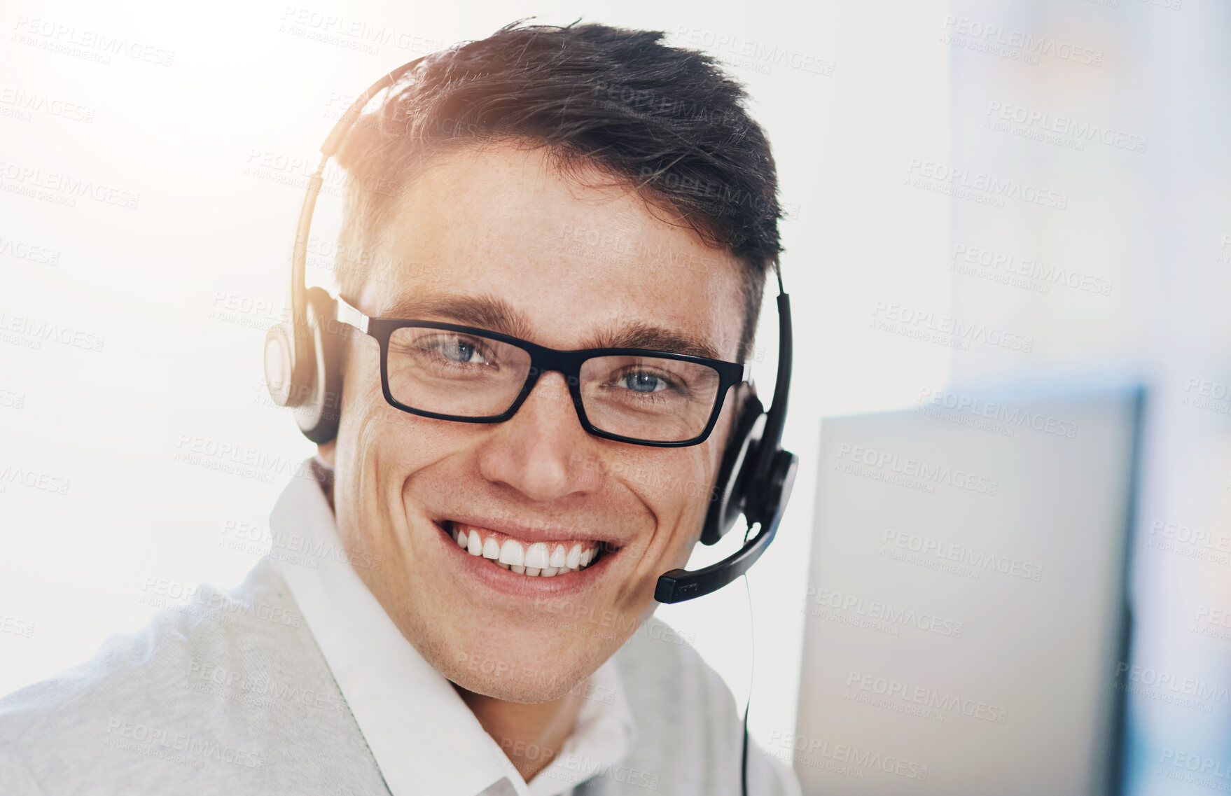 Buy stock photo Call center, portrait and smile of man in telemarketing office for lead generation or sales. Consulting, contact and headset with face of happy employee in workplace for customer service or support