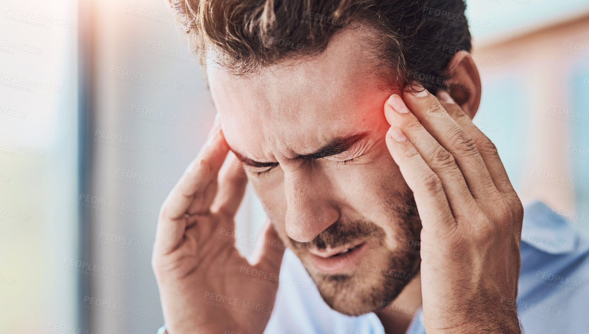 Buy stock photo Headache, man and massage temple with pain for dizziness, tired or stress on moving day. Red overlay, fatigue and male person with migraine for brain fog, health emergency or burnout in home