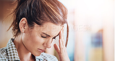 Buy stock photo Headache, stress and woman with pain, home and hand on head, discomfort and touch for cramps in lounge. House, migraine and person in living room, sick and problem of tension in brain from accident 