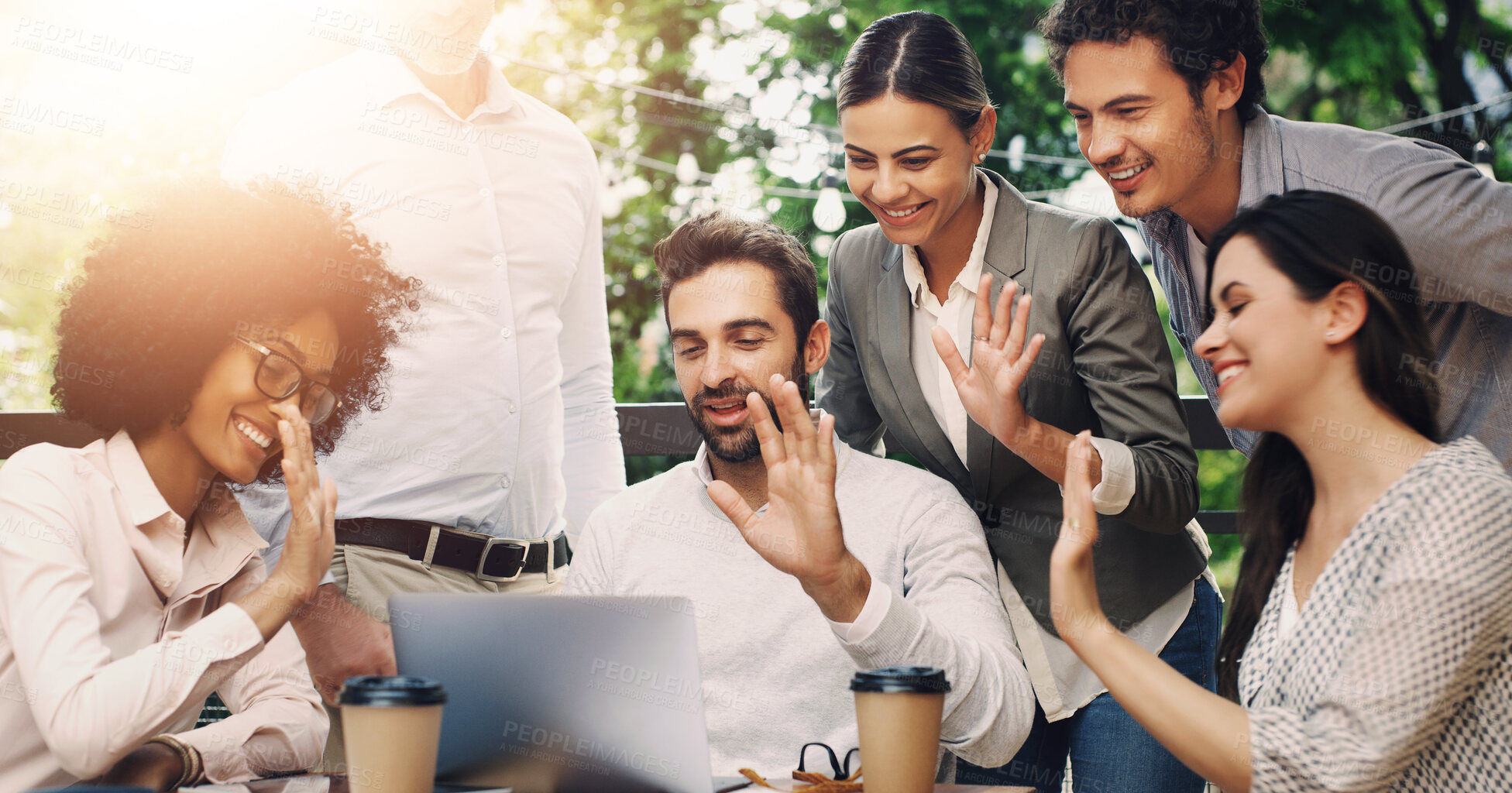 Buy stock photo Laptop, group and business people with greeting for video call, collaboration and online meeting in outdoor cafe. Employees, hello and computer webinar in coffee shop with teamwork, support and smile