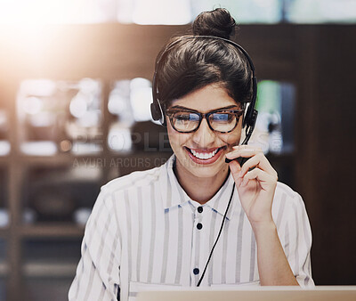 Buy stock photo Business, telemarketing and woman with smile, call center and expert for customer service. Person, employee and agent with headset, consulting and technical support for insurance, crm and contact us