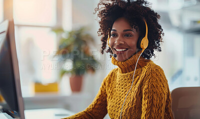 Woman, call center and smile in office by computer for telemarketing, thinking and contact us for advice. African consultant, crm and tech support for customer care, service and digital help desk