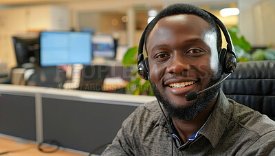 Black man, call center and portrait in office for telemarketing with smile, headphones and mic for communication. Person, consultant or agent with voip tech, happy and customer support at help desk
