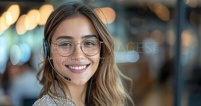 Woman, call center and smile in portrait for contact us at law firm with headphones, mic and voip tech. Legal consultant, happy and customer support with smile, service and crm at digital help desk