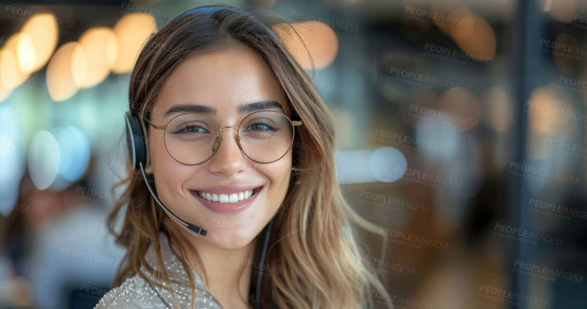 Buy stock photo Woman, call center and smile in portrait for contact us at law firm with headphones, mic and voip tech. Legal consultant, happy and customer support with sales, service and crm at digital help desk