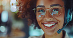 Woman, call center and smile in closeup portrait for telemarketing in headphones, mic or contact us. African consultant, happy and tech support for customer care, service or crm at digital help desk