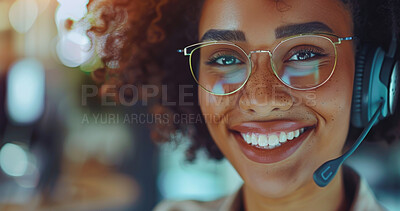 Woman, call center and smile in closeup portrait for telemarketing in headphones, mic or contact us. African consultant, happy and tech support for customer care, service or crm at digital help desk
