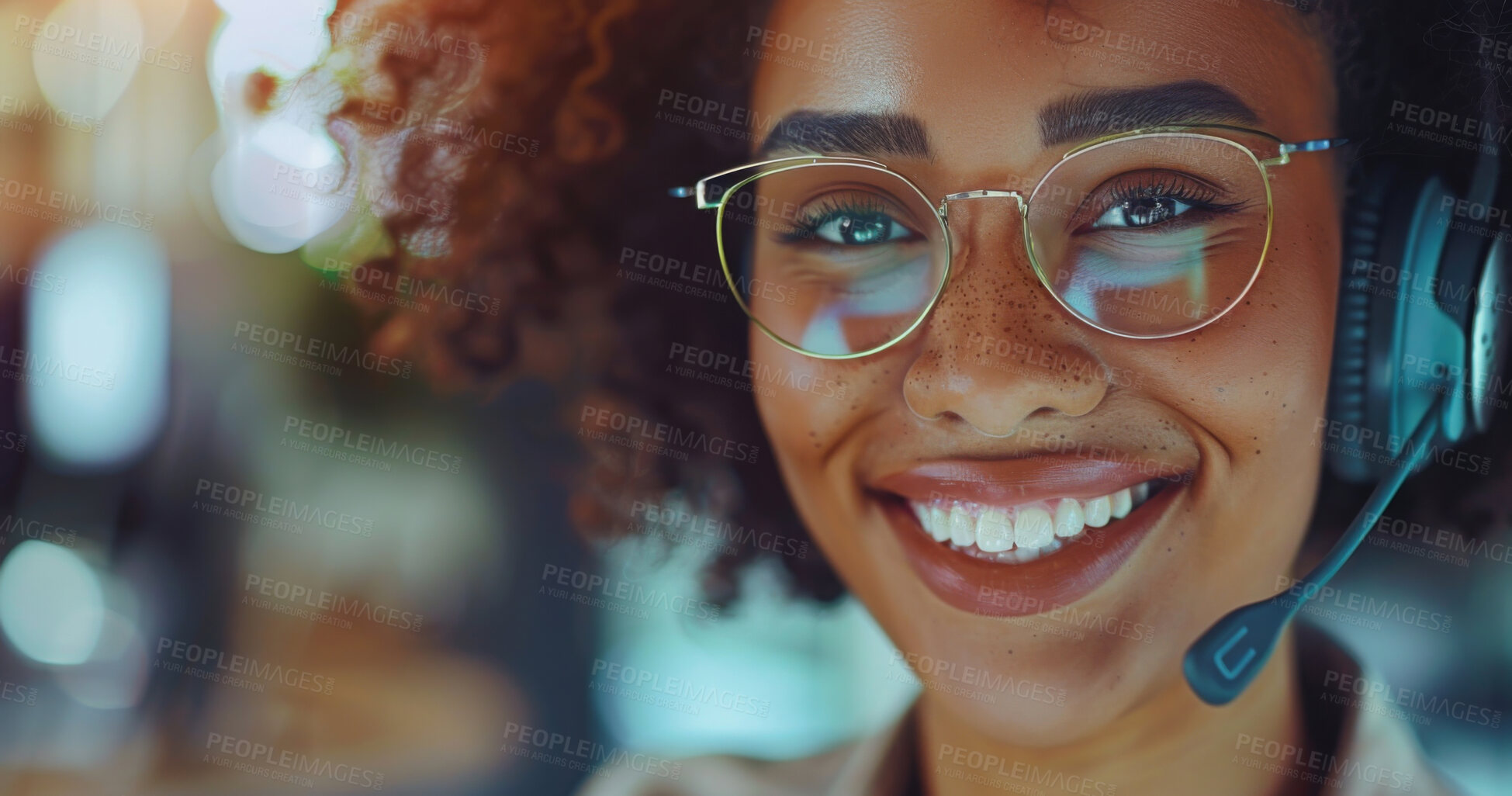 Buy stock photo Woman, call center and smile in closeup portrait for telemarketing in headphones, mic or contact us. African consultant, happy and tech support for customer care, service or crm at digital help desk