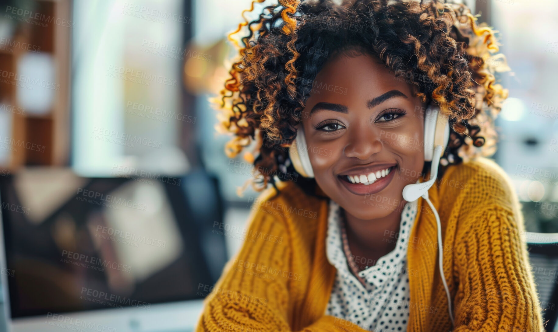 Buy stock photo Tech support, portrait and black woman with headset, smile and consultant in customer service agency. Help desk, telecom and happy face of virtual assistant at call center for crm solution in office