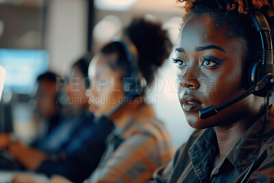 Woman, call center and people at office for telemarketing with headphones, microphone or contact us for advice. African consultant, agent and team with idea for customer care, service or crm in night