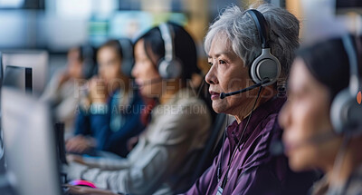 Women, call center and people at office with computer for telemarketing with headphones, mic or contact us. Chinese consultant, agent and group for crm, customer care or digital help desk in Shanghai