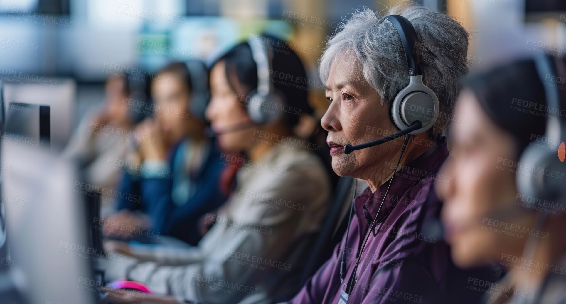 Buy stock photo Women, call center and people at office with computer for telemarketing with headphones, mic or contact us. Chinese consultant, agent and group for crm, customer care or digital help desk in Shanghai