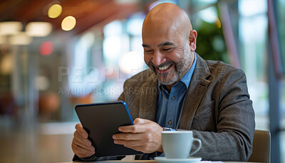 Cafe, smile and mature man with tablet, laugh and checking email, social media or good news online. Relax, coffee shop and happy businessman with digital app for networking, connection and internet.