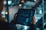 Tablet, screen and business hands with data analytics in night office for stock market, fintech or trade. Digital, app or woman trader with online survey, chart and graph for target audience research