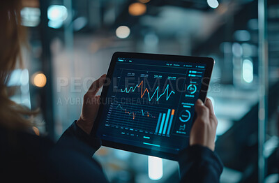 Tablet, screen and business hands with data analytics in night office for stock market, fintech or trade. Digital, app or woman trader with online survey, chart and graph for target audience research