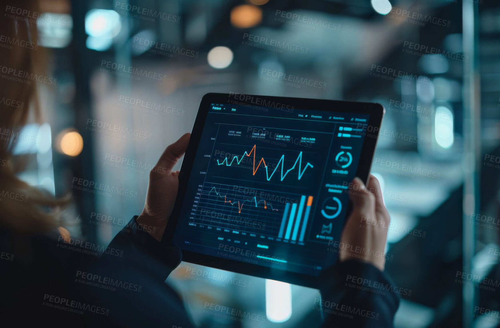 Buy stock photo Tablet, screen and business hands with data analytics in night office for stock market, fintech or trade. Digital, app or woman trader with online survey, chart and graph for target audience research