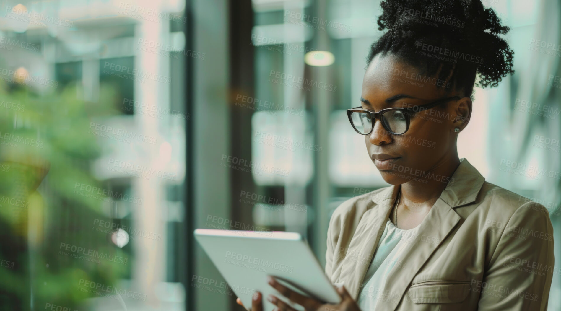 Buy stock photo Tablet, window and black woman employee at office for communication, networking or professional research. Glasses, internet and technology with confident employee in workplace for corporate report