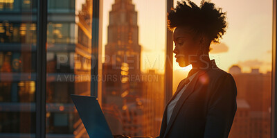 Flare, tablet and business black woman in office at sunset for communication, networking or research. Internet, technology and window with confident employee in glass workplace for corporate report