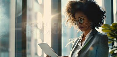 Tablet, window and corporate black woman at office in morning for communication, networking or research. Business, flare and technology with confident employee in glass workplace for internet report