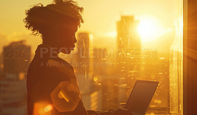 Sunset, tablet and business black woman at office in evening for communication, networking or research. Flare, internet and technology with corporate employee in glass workplace for online report