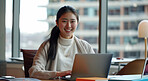 Asian girl, portrait and designer in office with laptop for ui design for creative company or agency and happy for career. Woman and digital technology for prototyping, wireframing and interface work